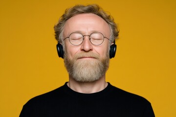 Fototapeta premium Mature man enjoying music with closed eyes and a peaceful expression against a vibrant yellow backdrop creating a serene atmosphere of relaxation and mindfulness