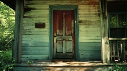 A weathered red door on an old abandoned rural porch
