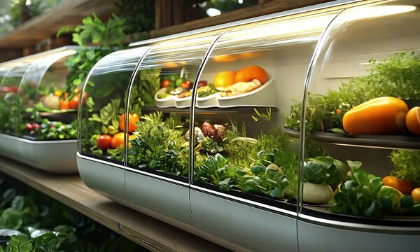 Modern indoor hydroponic garden with fresh produce in glass display case.