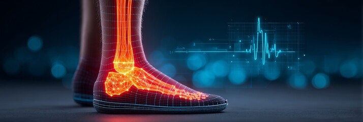 45 year old non binary patient undergoing extracorporeal shockwave therapy on the right Achilles tendon with a glitch art overlay showing a glowing depiction of tendon repair