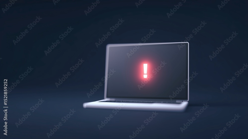 Poster laptop mock up with illuminated warning symbol on screen, set against a dark background, conveying u