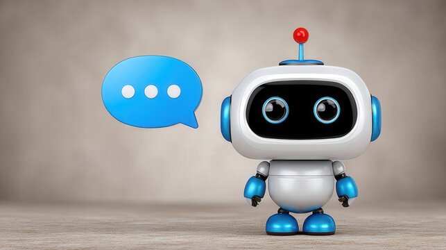 Cute robot character with large expressive eyes and a blue speech bubble symbolizing digital conversation inviting engagement and interaction in modern communication contexts