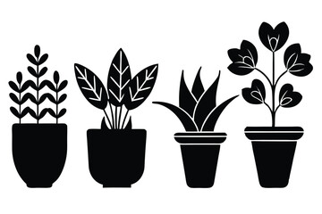 Silhouette pictogram icons of various plants in pots showcasing unique designs and growth stages .
