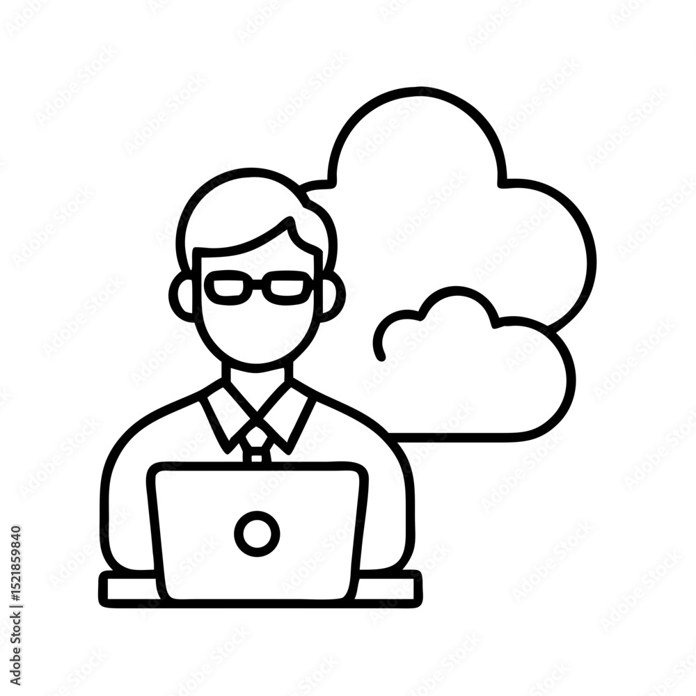 Poster cloud computing developer working on laptop icon for remote work and data storage solutions vector