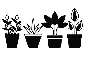 Obraz premium Silhouette pictogram icons of various plants in pots showcasing unique designs and growth stages .