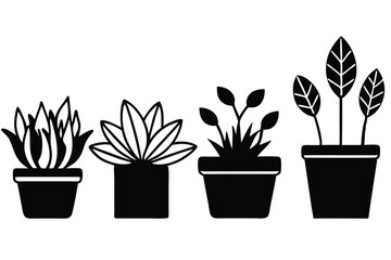 Silhouette pictogram icons of various plants in pots showcasing unique designs and growth stages .