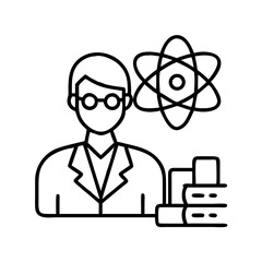 Illustration of scientist with atom model and books for science education and research concept