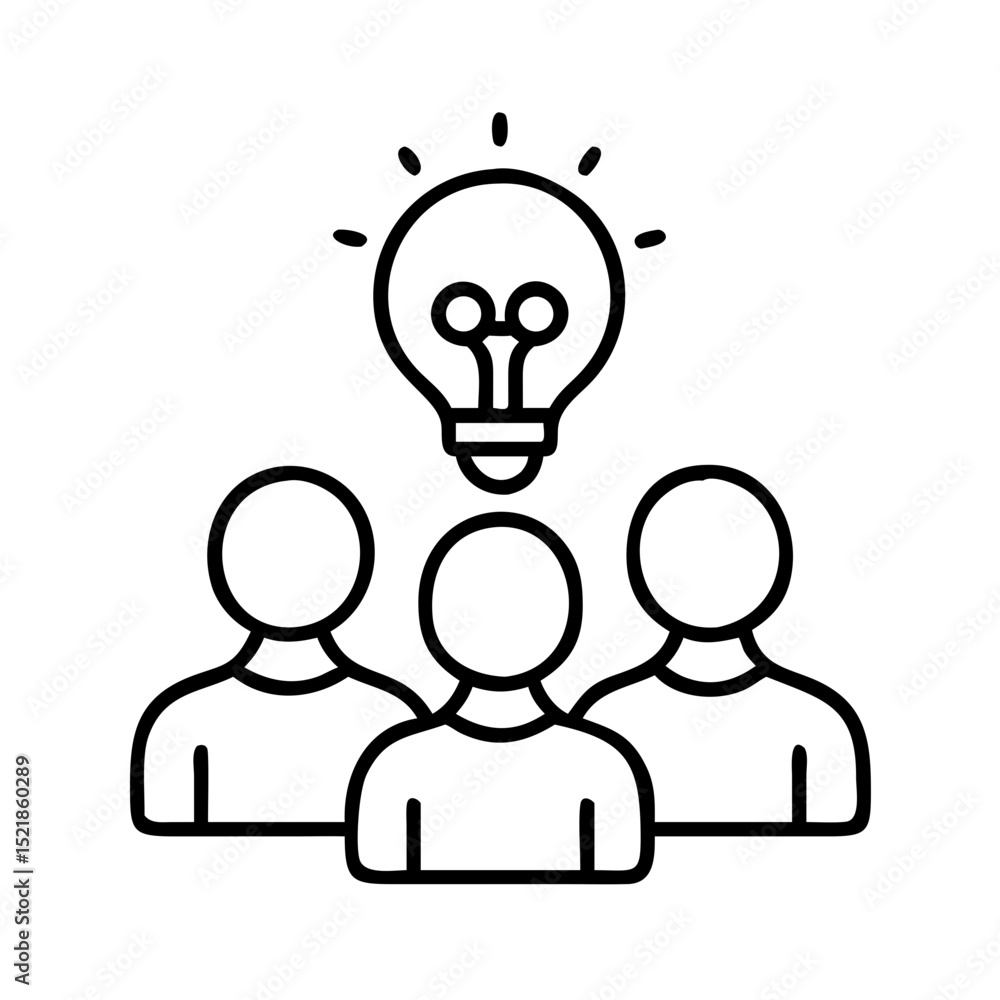 Poster teamwork brainstorming idea generation and problem solving concept with lightbulb above people group