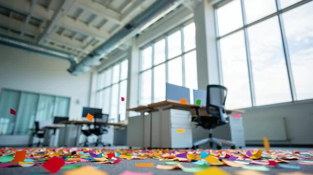 Modern open space office with confetti scattered on floor after celebration, empty workstations and large windows