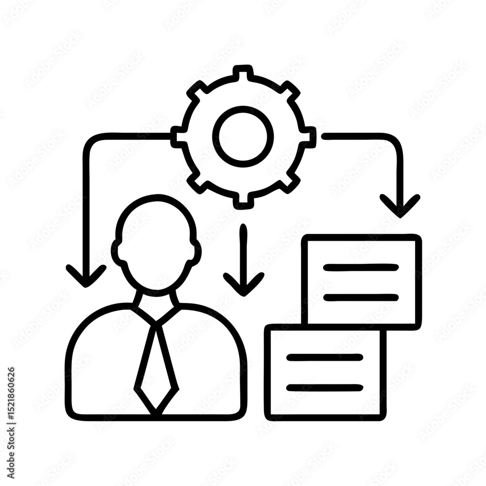 Poster workflow automation process management with gear, employee and documents outline vector illustration