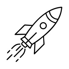Outline rocket ship vector illustration, space shuttle drawing, spaceship taking off, startup icon design