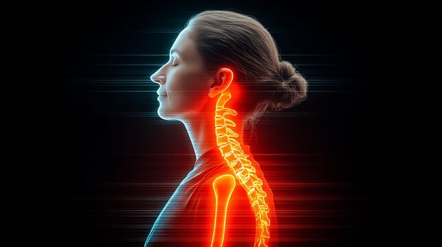 52 year old female recovering from back pain in a flotation tank with a glitch art overlay illustrating a glowing depiction of spinal decompression along the vertebrae