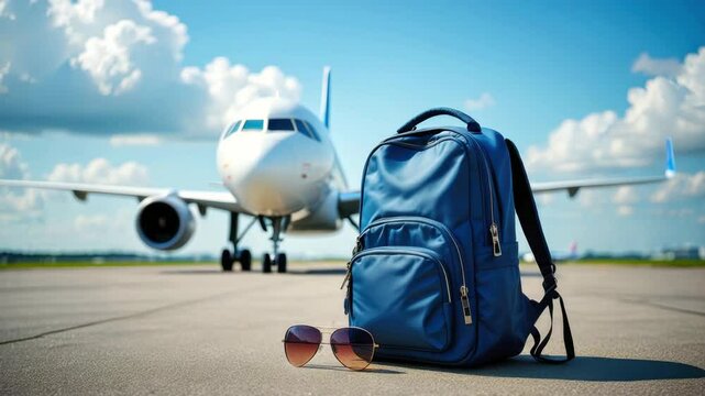 Blue travel backpack and sunglasses on airport runway with airplane in background, symbolizing air travel, tourism and vacation adventure
