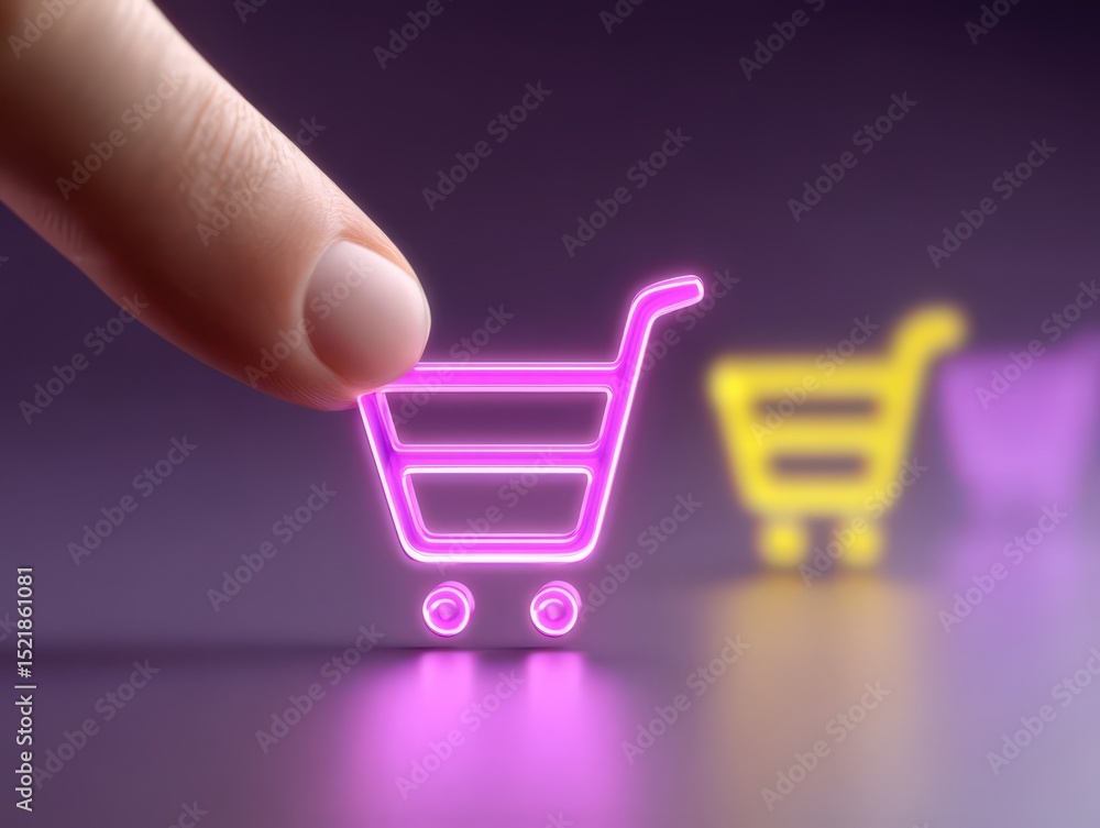 Poster neon shopping cart symbol illuminated by a finger creating connection between digital commerce and c