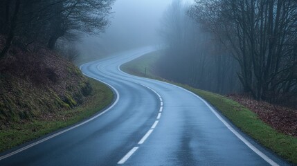 A winding road disappears into dense atmospheric layers of misty fog
