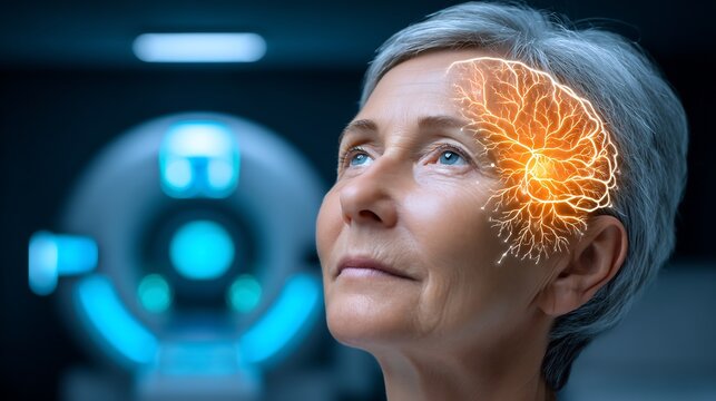 55 year old female patient lying in a neurosurgery suite with a layered MRI style cutaway showing glowing depiction of resected meningioma cavity