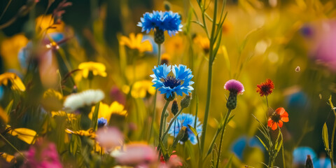 Colorful wildflowers blooming in a vibrant summer meadow, bathed in warm golden sunlight.