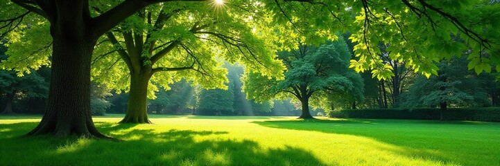 Serene beech tree garden bathed in sunlight Leaves create dappled shade on lush green grass Perfect for nature, tranquility, and spring themes , growth, spring