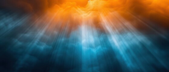 Orange light beams pierce foggy blue depths in this abstract ray tracing vision with cinematic, dual tone atmosphere signature.