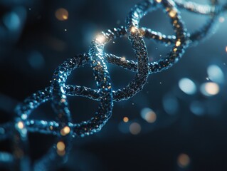 Close-up of glowing DNA double helix in blue tones on dark background, symbolizing genetics science.