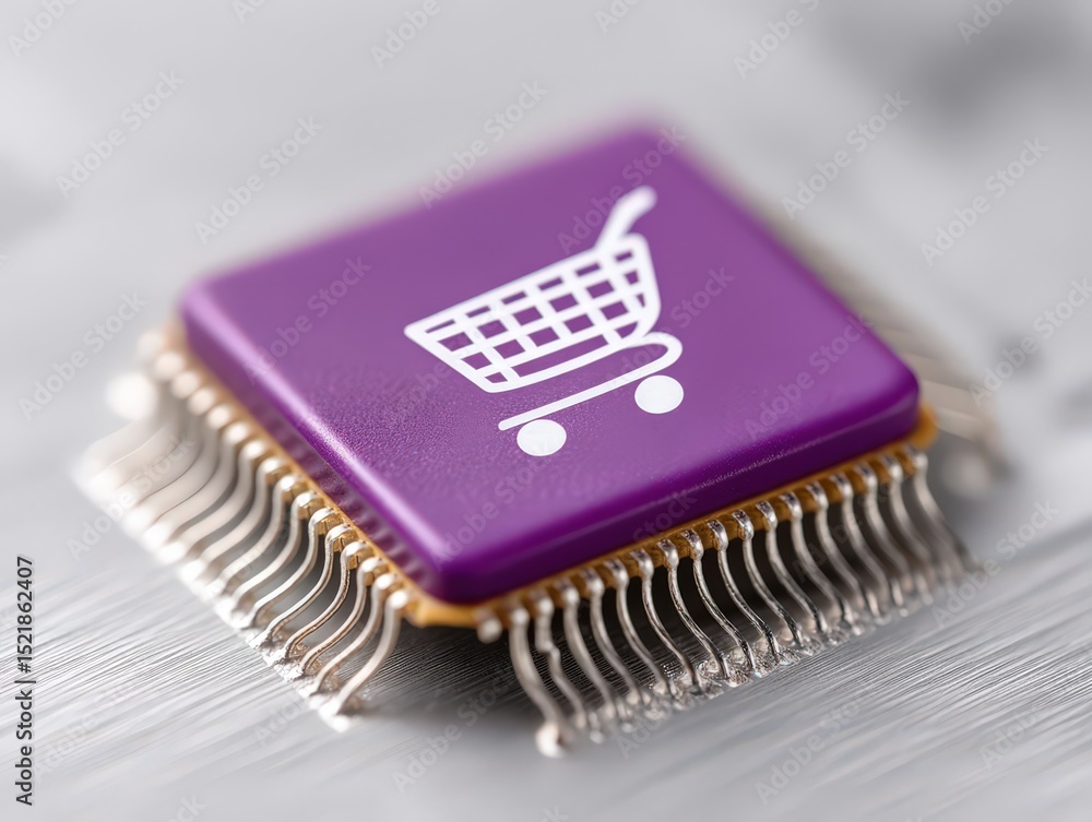 Poster close-up of a vibrant purple microchip with a shopping cart icon symbolizing e-commerce and digital 