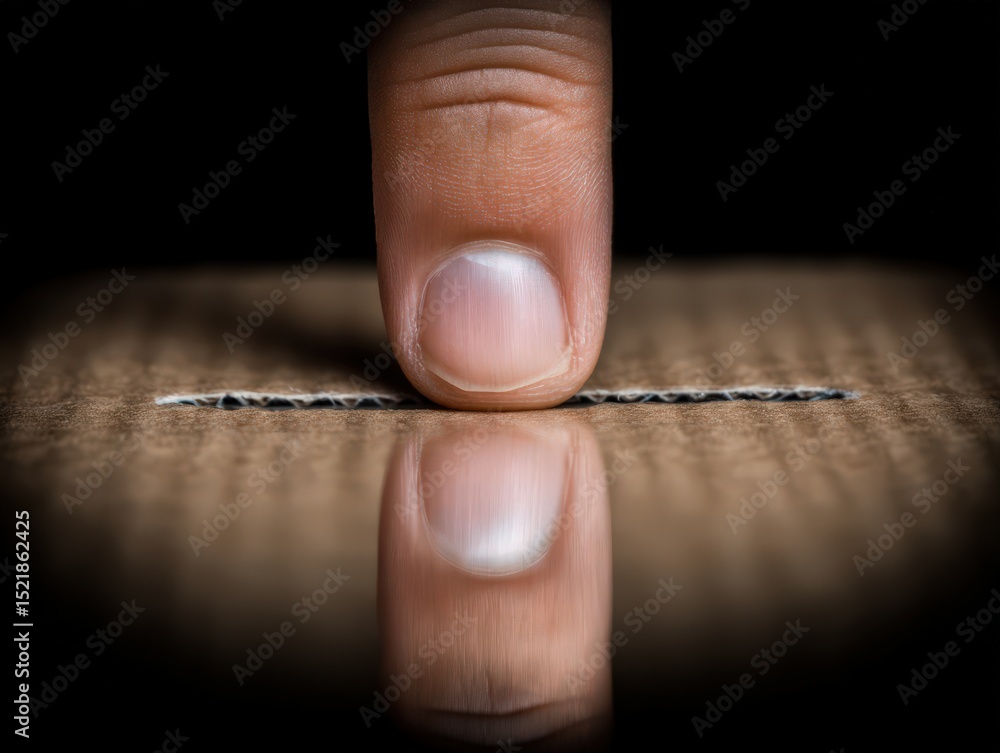 Poster close-up view of a human finger pressing against a cardboard surface showcasing texture and reflecti