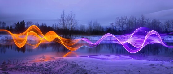 Abstract long exposure effect, violet and orange light painting streaks reflected on water, artistic composition signature, dual tone color.