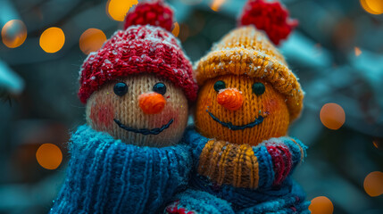 Two adorable snowmen wearing knitted scarves and colorful beanies smile joyfully in a wintry setting with festive lights.