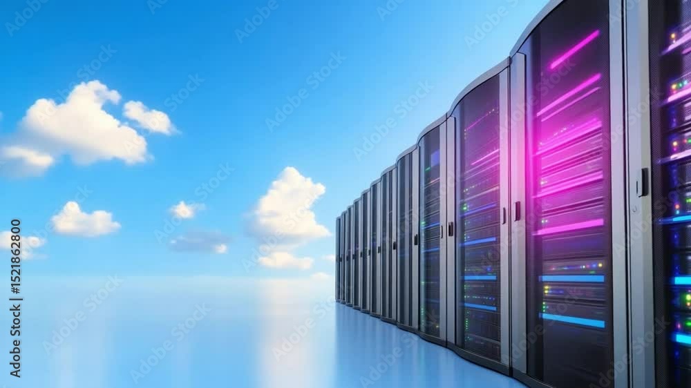 Aufkleber Digital Fortress: Server racks stand in pristine alignment against a vibrant blue sky, creating a harmonious juxtaposition of technology and nature.