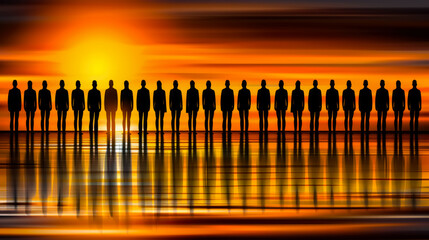 Silhouettes of people stand in a line with a dramatic orange sunset and water reflection. The image suggests unity, diversity, contemplation, and social symbolism in a visually striking way.