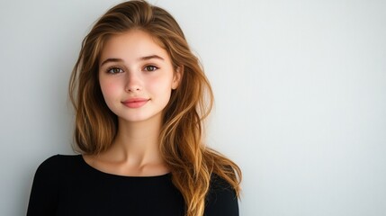 Portrait of a beautiful young woman with long hair on a white background, wearing a black top, looking at the camera and smiling