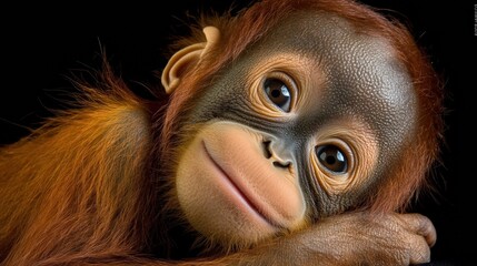 Portrait of a baby orangutan, smiling and looking at the camera, against a black background