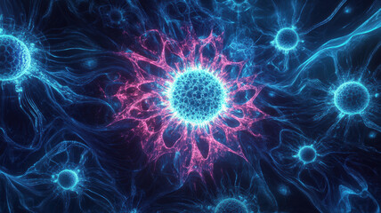 Fototapeta premium Fluorescent virus surrounded by immune energy fields, immune