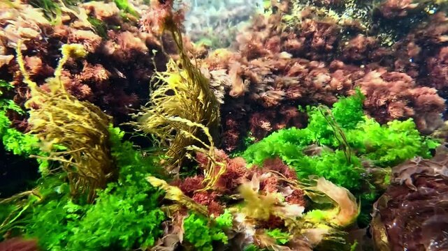 Underwater view in the Black Sea, different algae on rocks in clean transparent water in spring