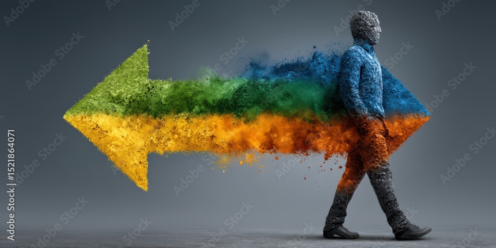 Poster a creative representation of transformation showcasing a textured human figure walking through vibra