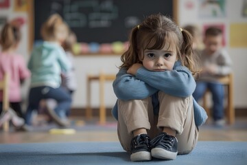 Sad girl sitting alone in a classroom while other children play in the background, concept of bullying and social exclusion in school. Lonely child. Depressed young girl feeling excluded and alone