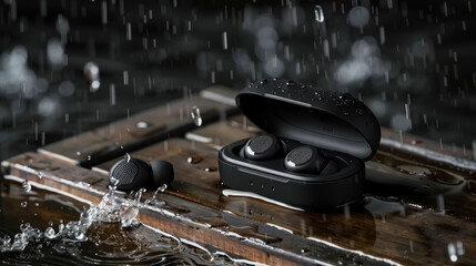 Wireless earbuds under heavy rain on a wooden surface. A dramatic product shot emphasizing water resistance, durability, and high-tech design.