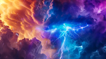 Surreal thunderstorm in vibrant clouds with a bright electric lightning bolt cutting through. Conceptual and dramatic digital art depicting energy, nature, and power.