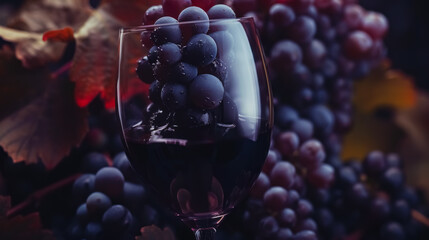 Glass of red wine surrounded by dark grapes in moody lighting. A sophisticated still life symbolizing elegance, luxury, and wine culture.