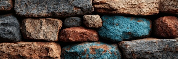 Colorful stone wall with natural textures and patterns near outdoor area during daylight