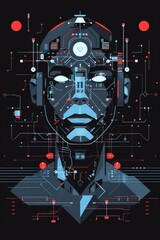 Robot head unit geometric face floating data streams minimal tech details clean mechanical design weathering on a black backdrop.