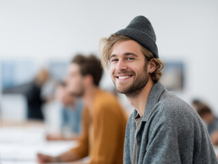 Smiling young man in a beanie, looking optimistic and approachable. Perfect for illustrating modern lifestyles, education, or collaborative workspaces. Authentic expression.