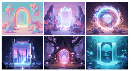 A collection of portals to different worlds with various landscapes and unique designs shown here now