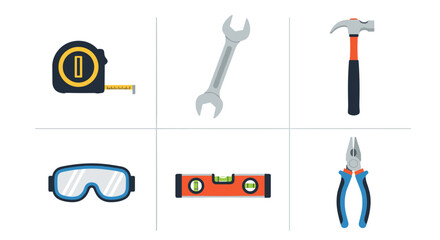 Illustration of various tools including a tape measure, wrench, hammer and safety goggles and pliers