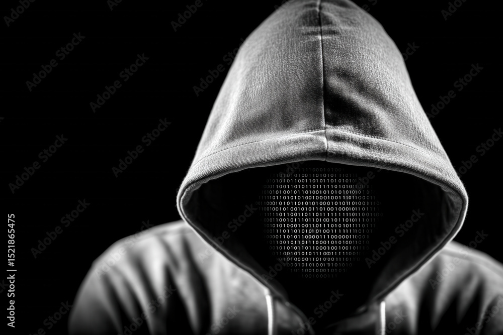 Poster hooded hacker focused on computer screens illuminating face with code effects. dark setting enhances