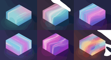 Arrangement of six gradient cubes with abstract patterns on a dark background in a grid layout