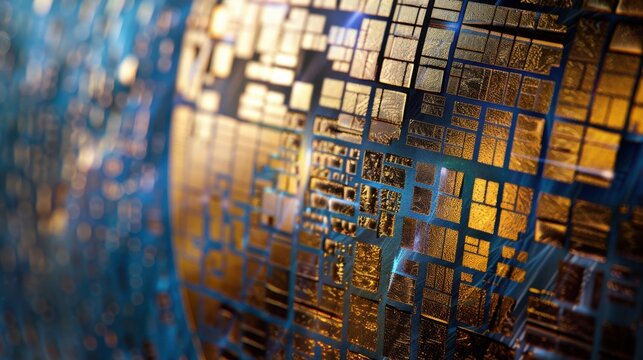 Reflective silicon wafer shows gold microchip circuits on deep blue. High-tech clean room detail.