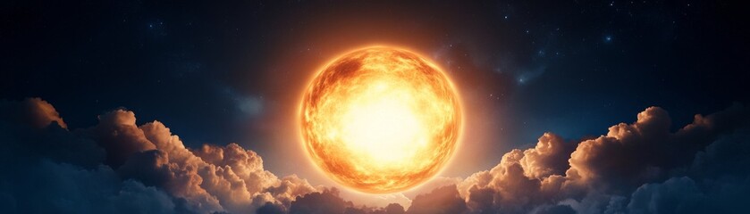 Celestial Flare Glowing Sun Amidst Cloudy Skies and Stars, Space , Cosmos
