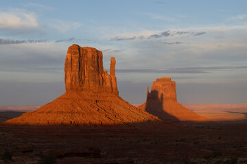 Mittenhenge shadow phenomenon of the West Mitten Butte on the East Mitten Butte at Monument Valley in the Navajo Nation.  