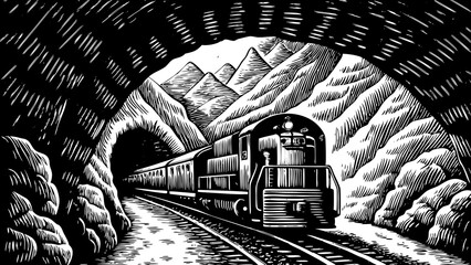Fototapeta premium A black and white sketch vector of a train moving through a mountain tunnel